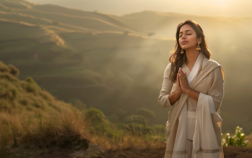 Woman practising self-reflection and prayer at Abhasa Luxury Rehab