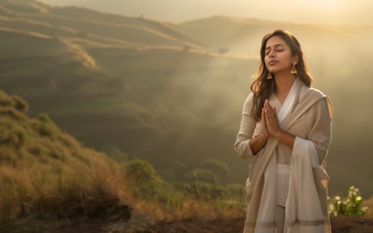 Woman practising self-reflection and prayer at Abhasa Luxury Rehab